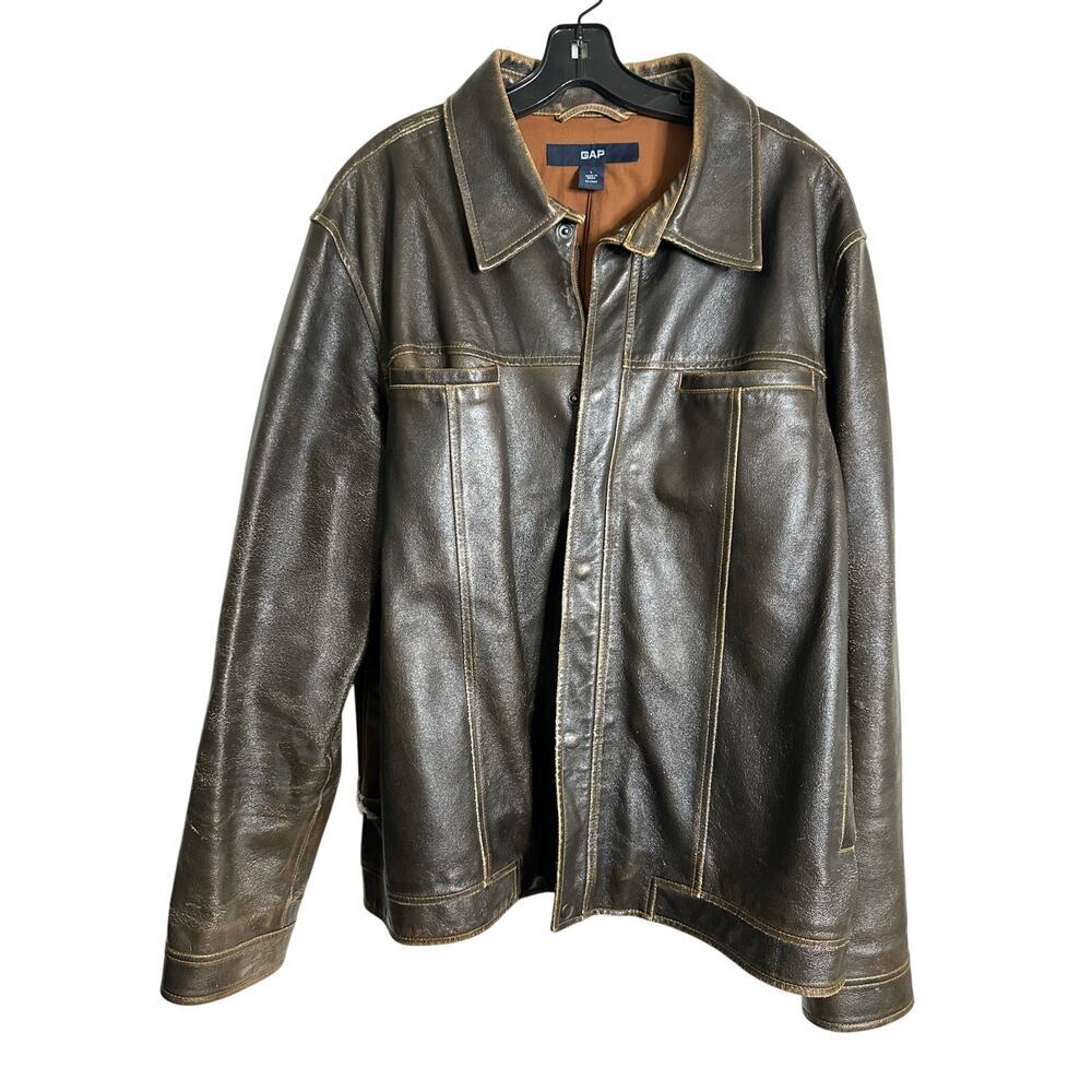 Vintage GAP Leather Jacket Distressed Y2K Biker Moto Full Zip Brown Size Large